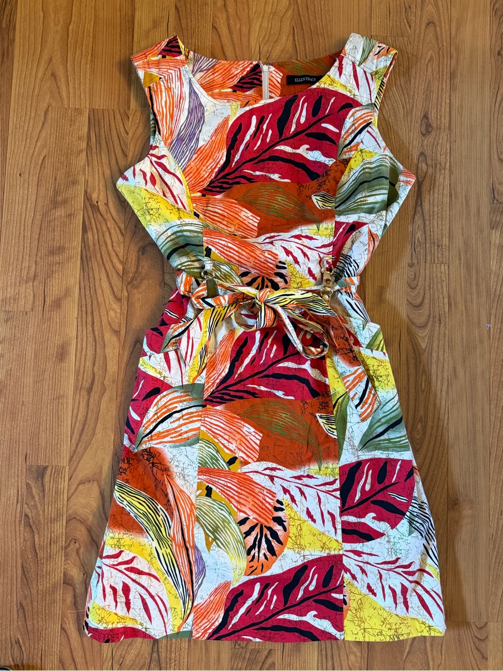 Ellen Tracy Multicolor Tropical Leaf Tie-Waist Mini Dress